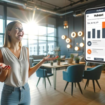 una mujer millenial feliz viendo métricas positivas y buen ROI de Hubspot en una oficina moderna